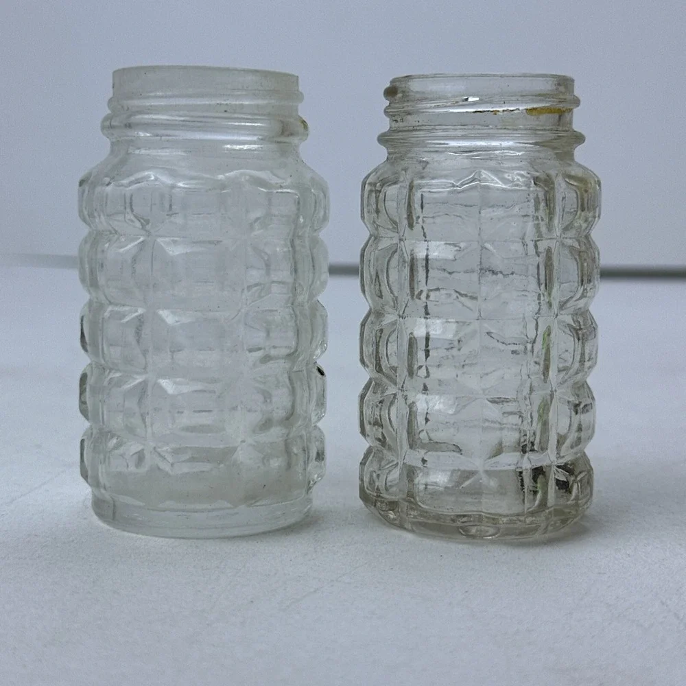 Vintage Salt Pepper Shakers Clear Glass Barrel No Lid Hazel Atlas Anchor Hocking